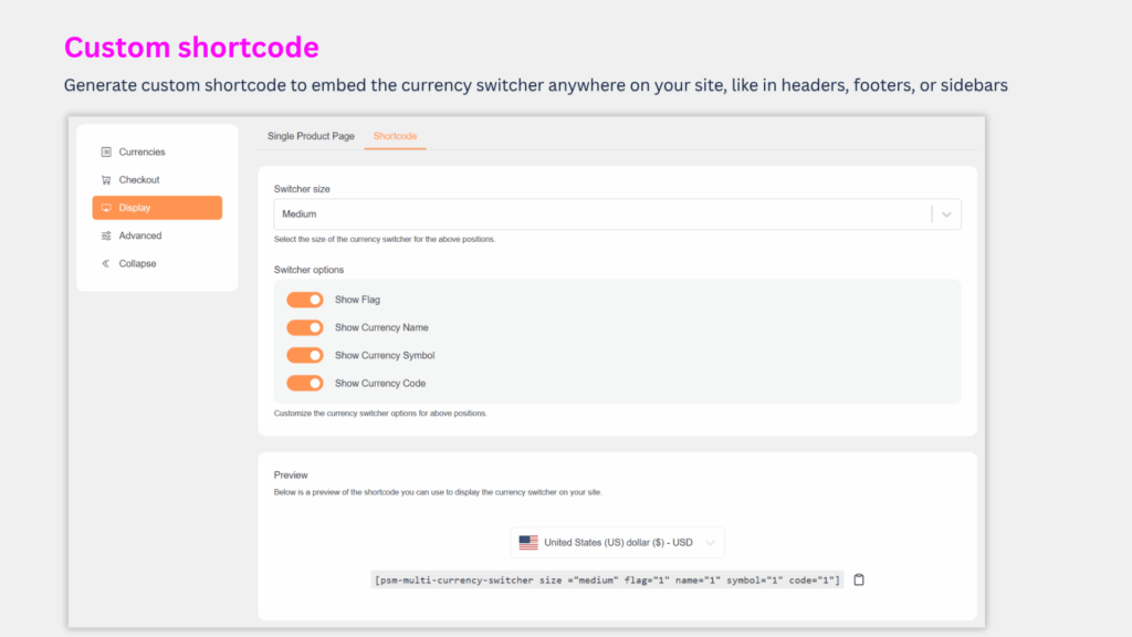 Currency switcher shortcode customisation